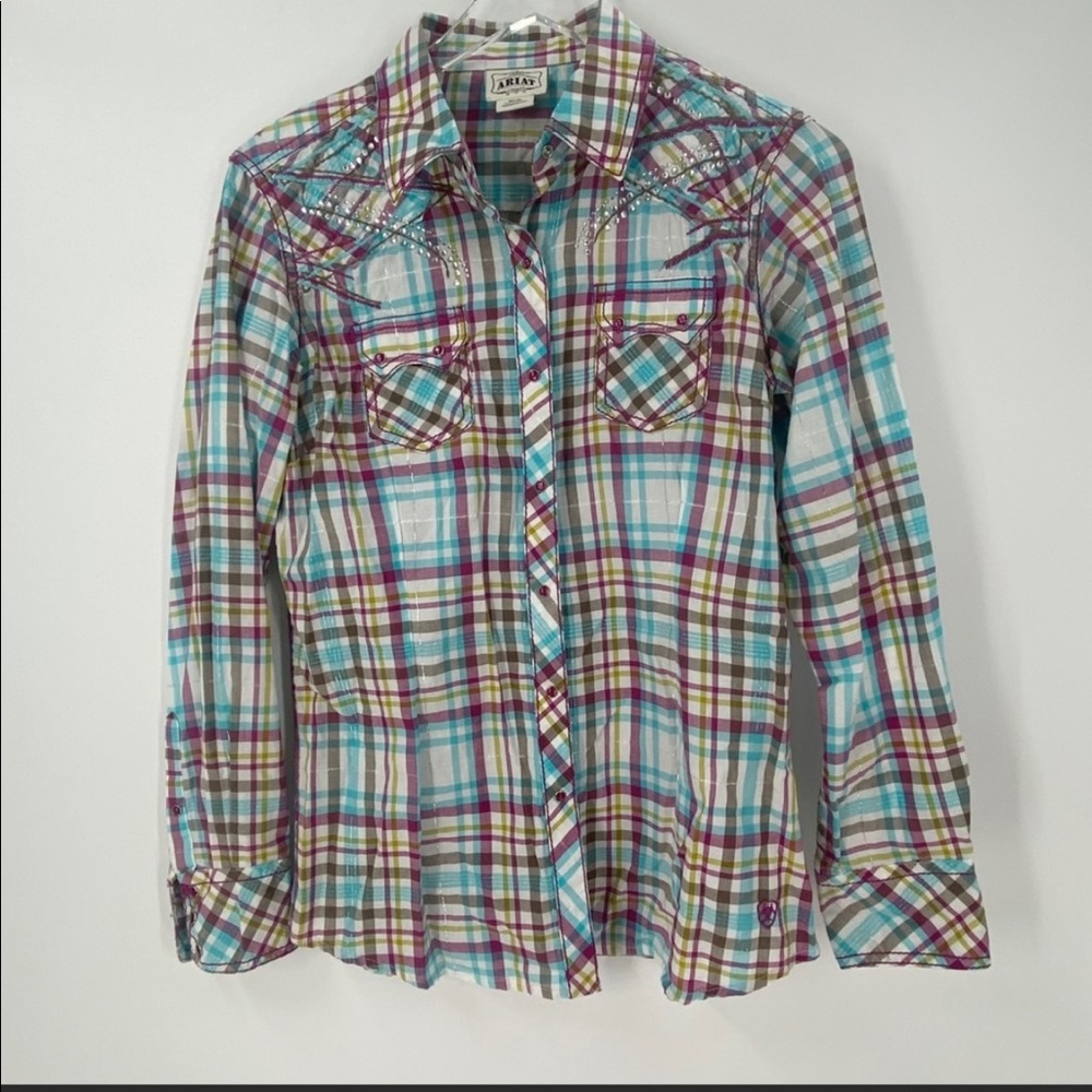 Ariat Rhinestone Plaid Embroidered Snap Front Long Sleeve Top Collar Medium